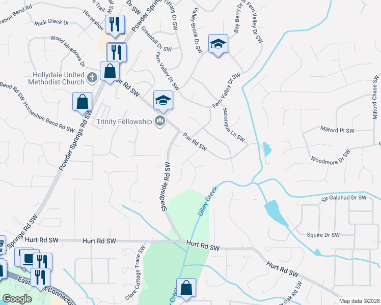 map of restaurants, bars, coffee shops, grocery stores, and more near 2035 Pair Road Southwest in Marietta