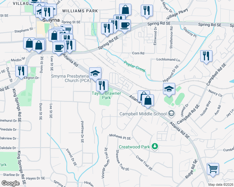 map of restaurants, bars, coffee shops, grocery stores, and more near 3200 Millwood Trail Southeast in Smyrna