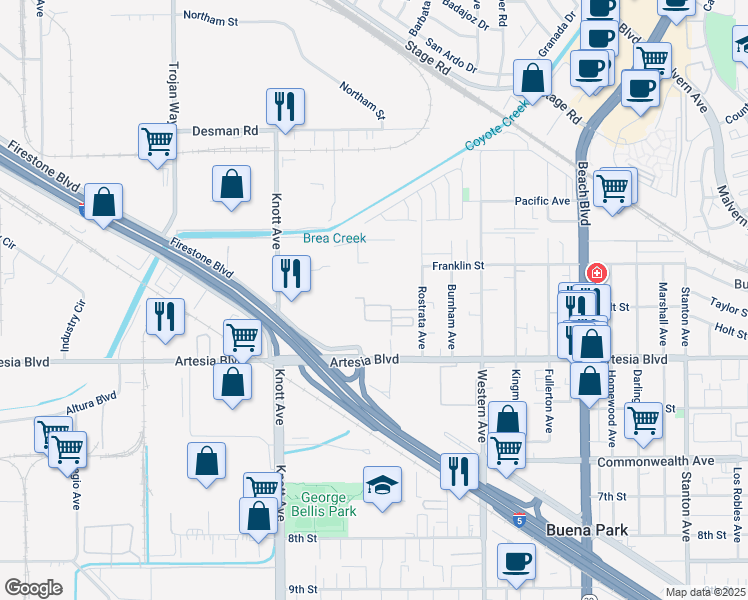 map of restaurants, bars, coffee shops, grocery stores, and more near 5756 Spring Street in Buena Park