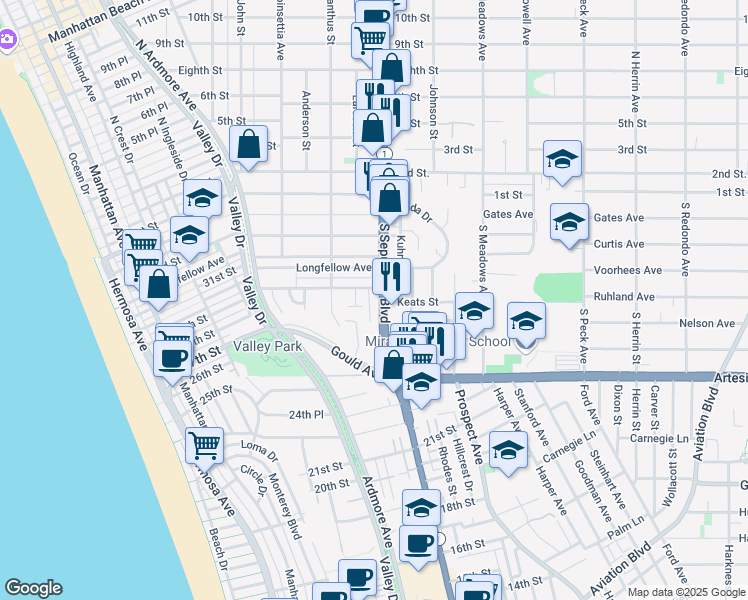 map of restaurants, bars, coffee shops, grocery stores, and more near 2901 Pacific Coast Highway in Hermosa Beach