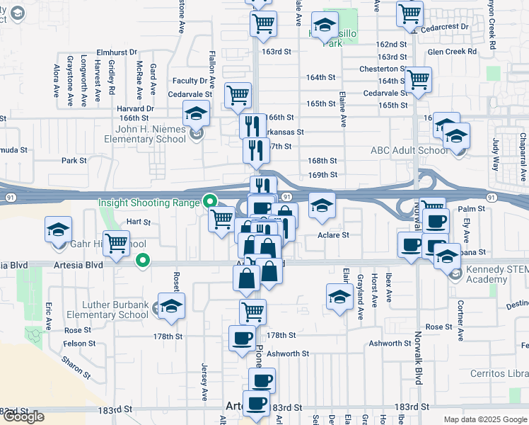 map of restaurants, bars, coffee shops, grocery stores, and more near 17104 Pioneer Boulevard in Artesia