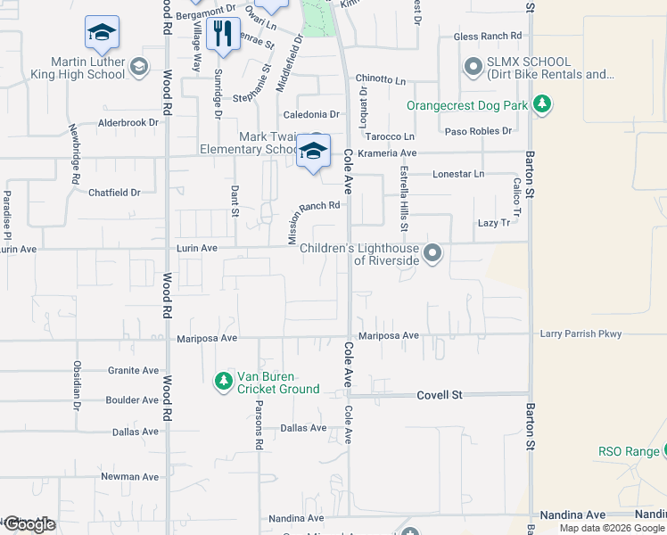 map of restaurants, bars, coffee shops, grocery stores, and more near 19428 Lurin Avenue in Riverside