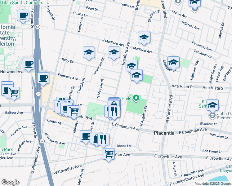 map of restaurants, bars, coffee shops, grocery stores, and more near 114 Primrose Avenue in Placentia