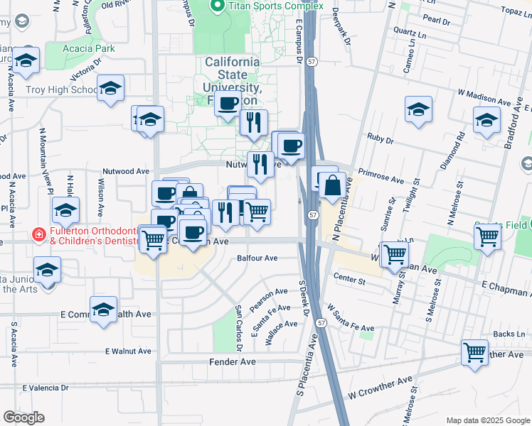 map of restaurants, bars, coffee shops, grocery stores, and more near 629 Langsdorf Drive in Fullerton