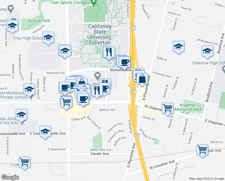 map of restaurants, bars, coffee shops, grocery stores, and more near 629 Langsdorf Drive in Fullerton