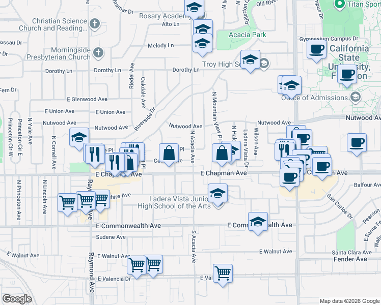 map of restaurants, bars, coffee shops, grocery stores, and more near 601 North Acacia Avenue in Fullerton