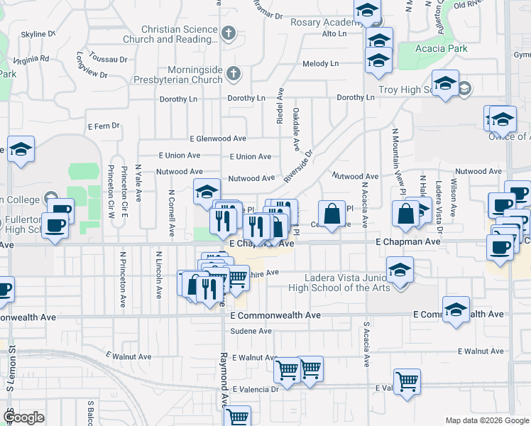 map of restaurants, bars, coffee shops, grocery stores, and more near 702 North Hall Avenue in Fullerton