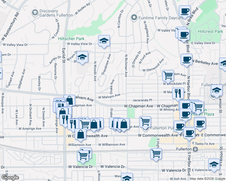 map of restaurants, bars, coffee shops, grocery stores, and more near 619 Golden Avenue in Fullerton