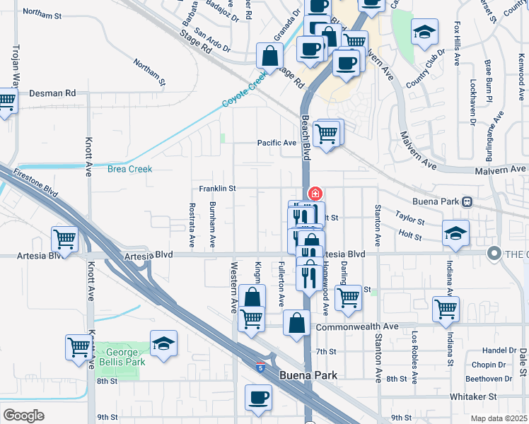 map of restaurants, bars, coffee shops, grocery stores, and more near 5794 Kingman Avenue in Buena Park