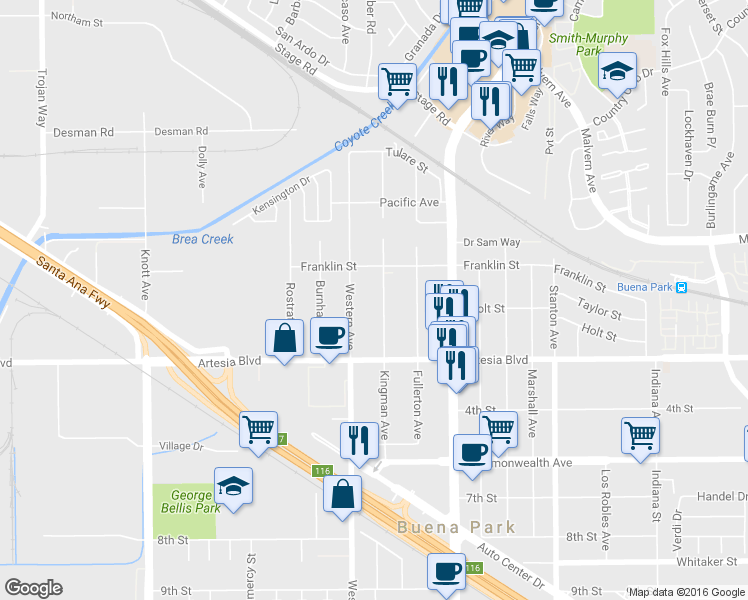map of restaurants, bars, coffee shops, grocery stores, and more near 5812 Western Avenue in Buena Park