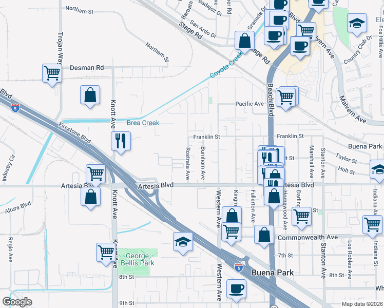 map of restaurants, bars, coffee shops, grocery stores, and more near 5804 Rostrata Avenue in Buena Park