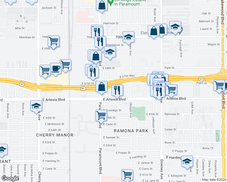 map of restaurants, bars, coffee shops, grocery stores, and more near 6666 Orizaba Avenue in Long Beach