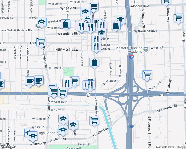 map of restaurants, bars, coffee shops, grocery stores, and more near 17017 South Vermont Avenue in Gardena