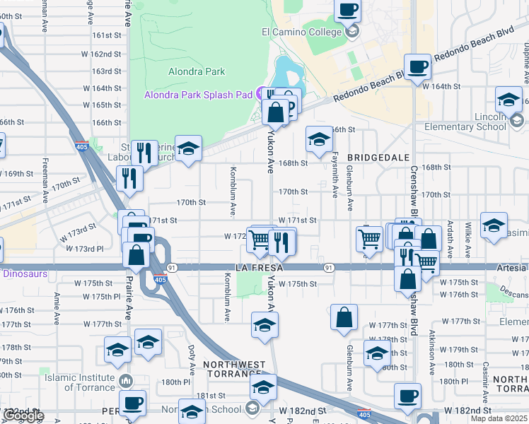 map of restaurants, bars, coffee shops, grocery stores, and more near 17022 Yukon Avenue in Torrance