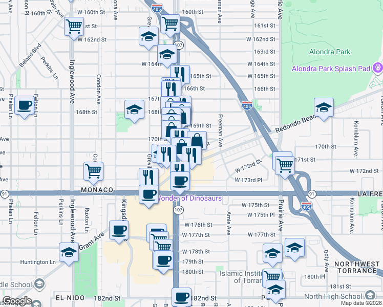 map of restaurants, bars, coffee shops, grocery stores, and more near 4343 West 171st Street in Lawndale
