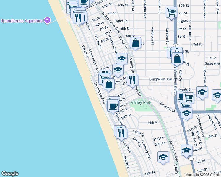 map of restaurants, bars, coffee shops, grocery stores, and more near 242 32nd Place in Hermosa Beach