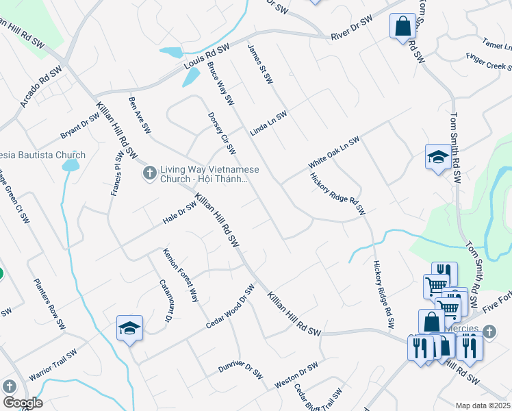 map of restaurants, bars, coffee shops, grocery stores, and more near 4244 Dorsey Court Southwest in Lilburn