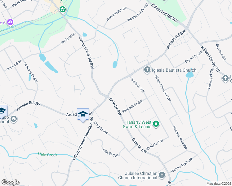 map of restaurants, bars, coffee shops, grocery stores, and more near 4780 Arcado Road Southwest in Lilburn