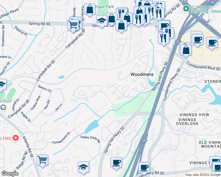map of restaurants, bars, coffee shops, grocery stores, and more near 1309 Cumberland Court Southeast in Smyrna