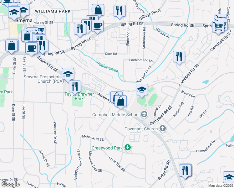 map of restaurants, bars, coffee shops, grocery stores, and more near 1048 Creatwood Circle in Smyrna
