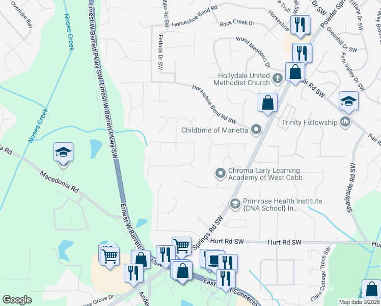 map of restaurants, bars, coffee shops, grocery stores, and more near 2668 Foxglove Drive Southwest in Marietta