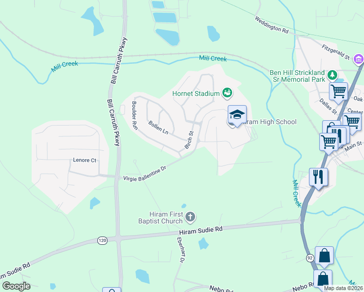 map of restaurants, bars, coffee shops, grocery stores, and more near 152 Birch Street in Hiram
