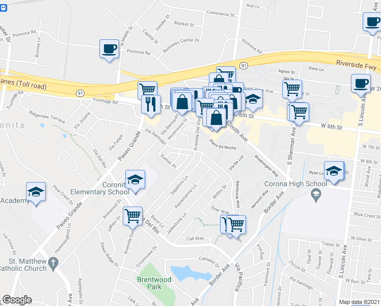 map of restaurants, bars, coffee shops, grocery stores, and more near 1605 Toyon Place in Corona