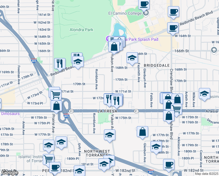 map of restaurants, bars, coffee shops, grocery stores, and more near 17022 Yukon Avenue in Torrance