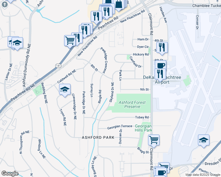 map of restaurants, bars, coffee shops, grocery stores, and more near 3039 Skyland Drive Northeast in Chamblee