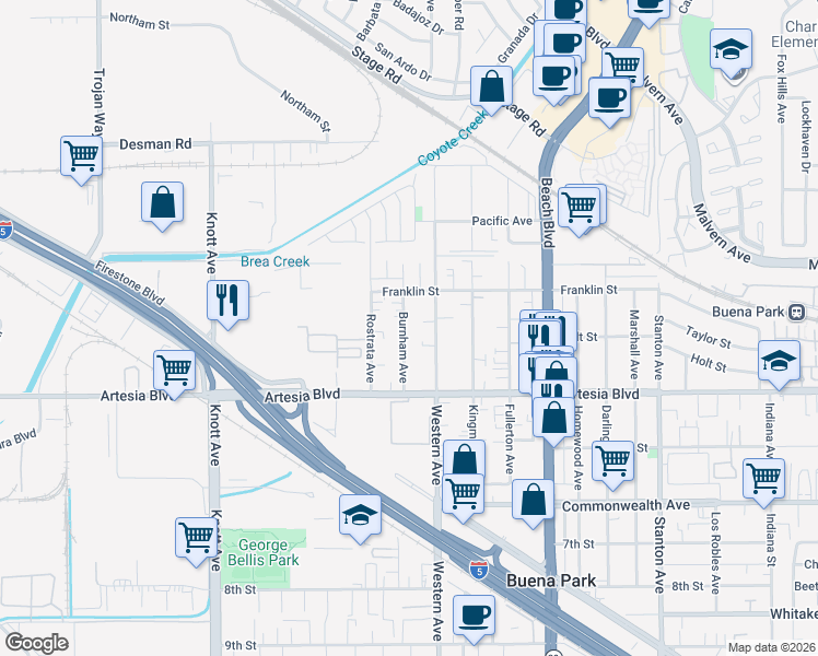 map of restaurants, bars, coffee shops, grocery stores, and more near 5810 Burnham Avenue in Buena Park