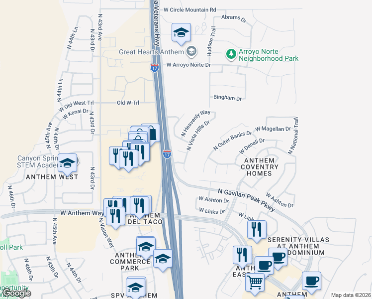 map of restaurants, bars, coffee shops, grocery stores, and more near 3927 West Ericson Drive in New River