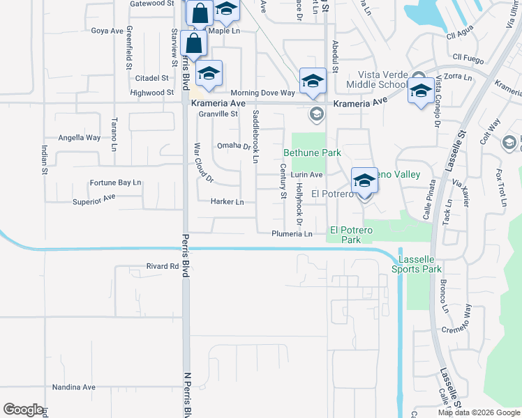 map of restaurants, bars, coffee shops, grocery stores, and more near 25247 Harker Lane in Moreno Valley