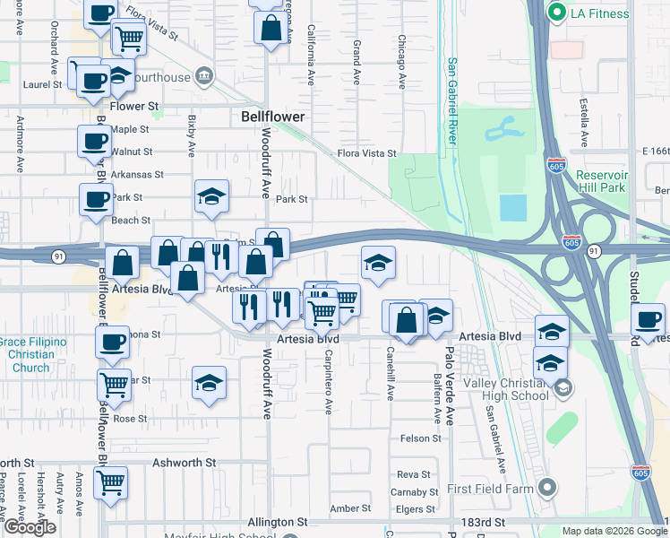 map of restaurants, bars, coffee shops, grocery stores, and more near 10282 Beverly Street in Bellflower