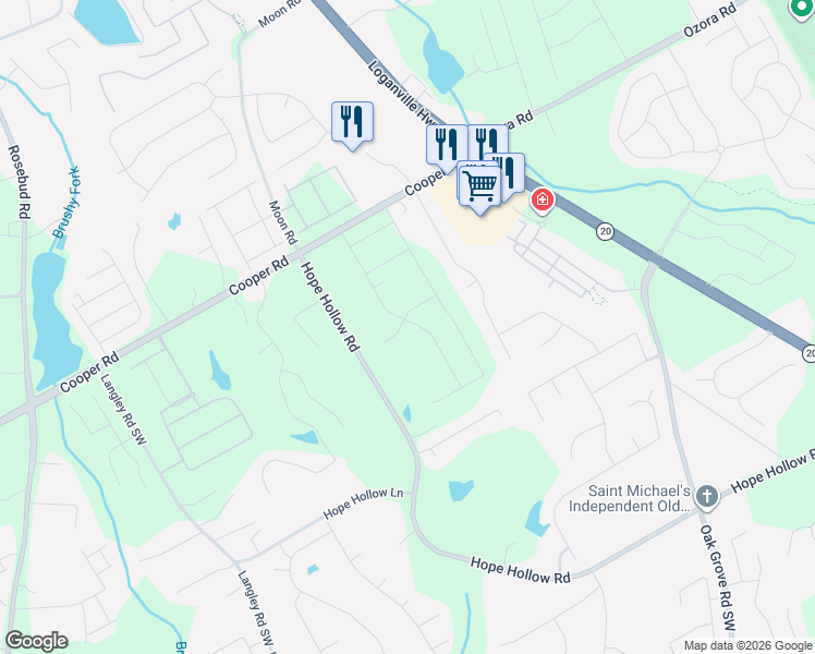 map of restaurants, bars, coffee shops, grocery stores, and more near 595 Hope Hollow Road in Loganville