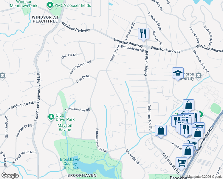 map of restaurants, bars, coffee shops, grocery stores, and more near 3000 Mabry Road Northeast in Atlanta