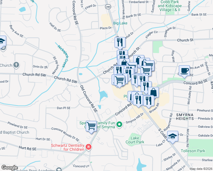 map of restaurants, bars, coffee shops, grocery stores, and more near 1082 Huntington Trce Southeast in Smyrna