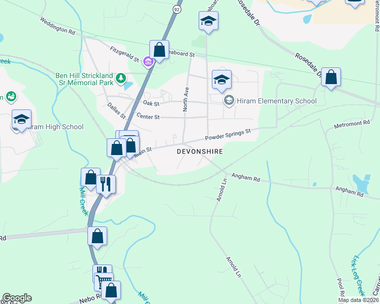 map of restaurants, bars, coffee shops, grocery stores, and more near 38 Powder Springs Street in Hiram