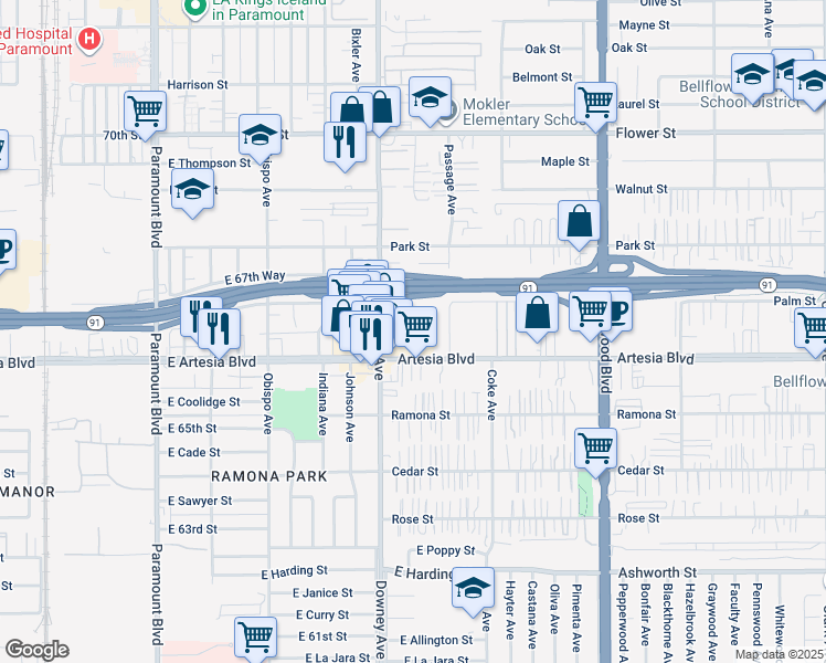 map of restaurants, bars, coffee shops, grocery stores, and more near 17220 Downey Ave in Bellflower