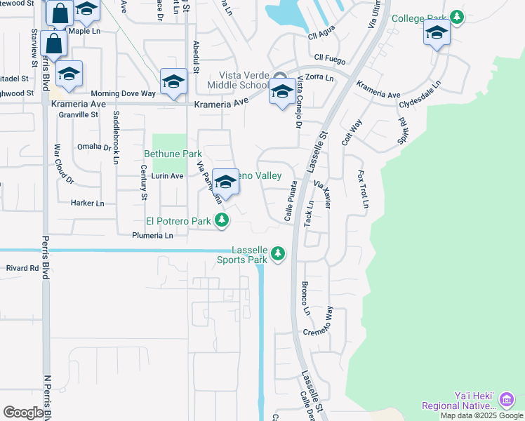 map of restaurants, bars, coffee shops, grocery stores, and more near 16855 Arroyo Park Drive in Moreno Valley