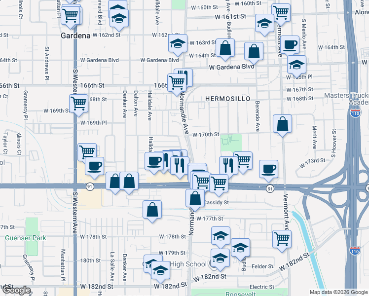 map of restaurants, bars, coffee shops, grocery stores, and more near 17100 Brighton Way in Gardena