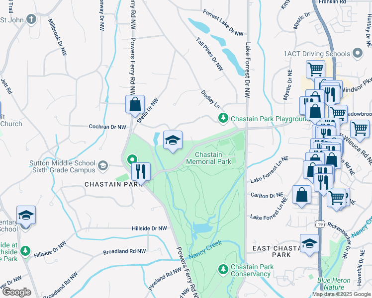 map of restaurants, bars, coffee shops, grocery stores, and more near 173 Chastain Park Avenue Northwest in Atlanta