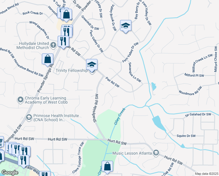 map of restaurants, bars, coffee shops, grocery stores, and more near 3334 Heatherwood Lane Southwest in Marietta