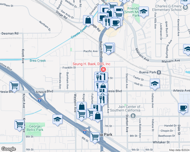 map of restaurants, bars, coffee shops, grocery stores, and more near 5822 Fullerton Avenue in Buena Park