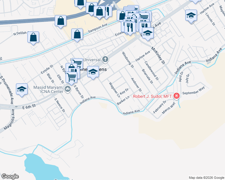 map of restaurants, bars, coffee shops, grocery stores, and more near 3608 Wagoner Lane in Corona