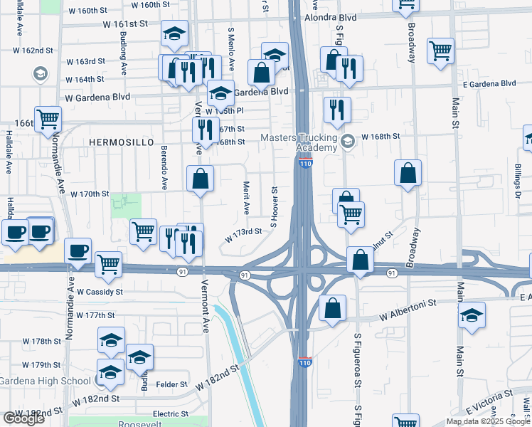map of restaurants, bars, coffee shops, grocery stores, and more near 17122 South Orchard Avenue in Gardena
