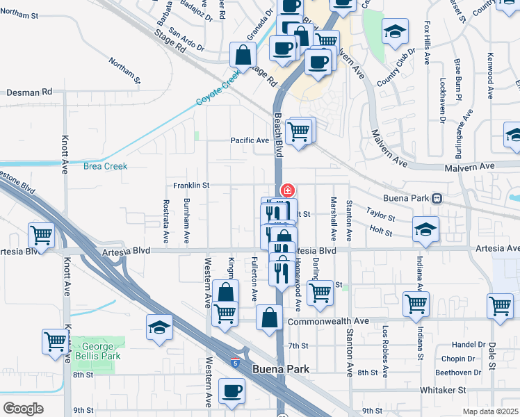 map of restaurants, bars, coffee shops, grocery stores, and more near 5822 Fullerton Avenue in Buena Park