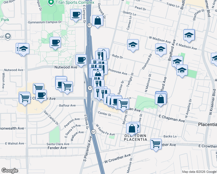 map of restaurants, bars, coffee shops, grocery stores, and more near 802 Harmony Lane in Placentia