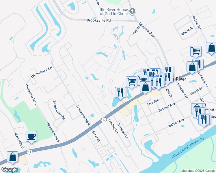 map of restaurants, bars, coffee shops, grocery stores, and more near 4266 Pinehurst Circle in Little River