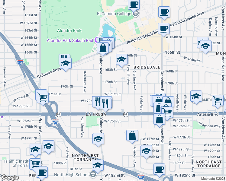 map of restaurants, bars, coffee shops, grocery stores, and more near 3457 West 171st Street in Torrance