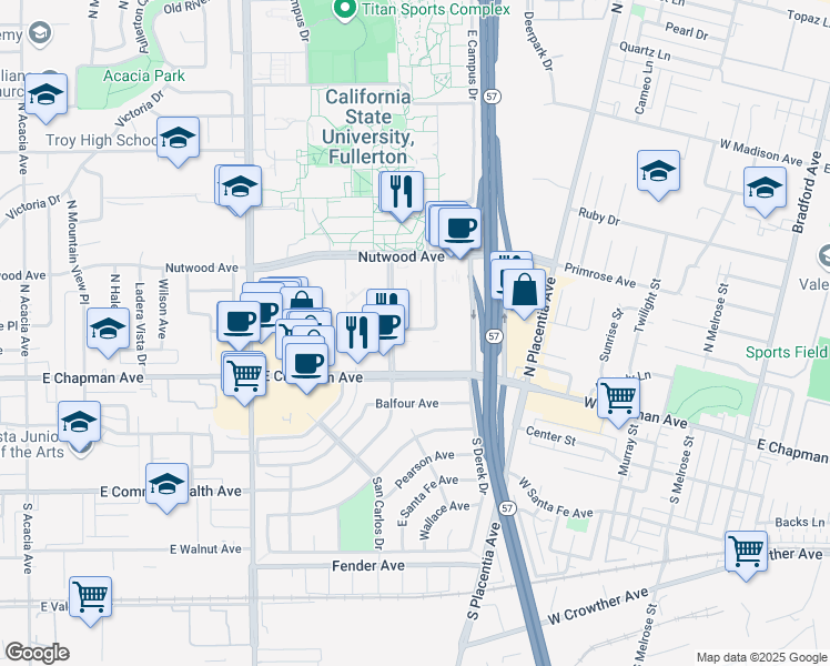map of restaurants, bars, coffee shops, grocery stores, and more near 629 Langsdorf Drive in Fullerton